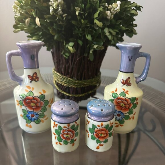Lusterware Vingar&Oil Creuet Salt&Pepper Set Periwinkle Flora Motif Japan 1930's